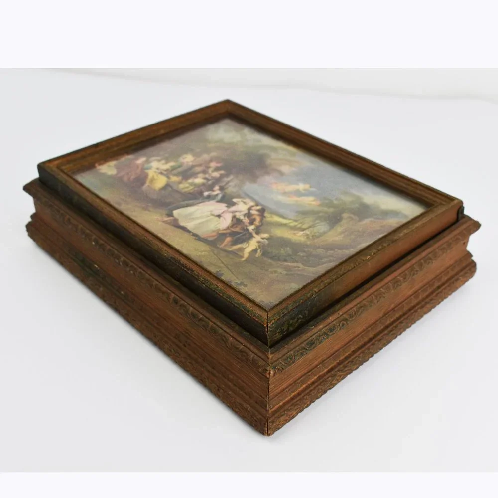 Rare antique wooden box with decorative lid, collectible painting storage box
